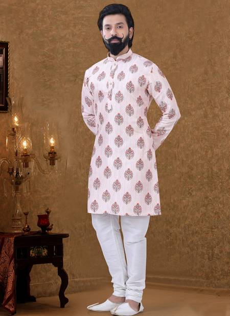 White And Red Colour New Printed Ethnic Wear Cotton Mens Kurta Pajama Collection KS 1539